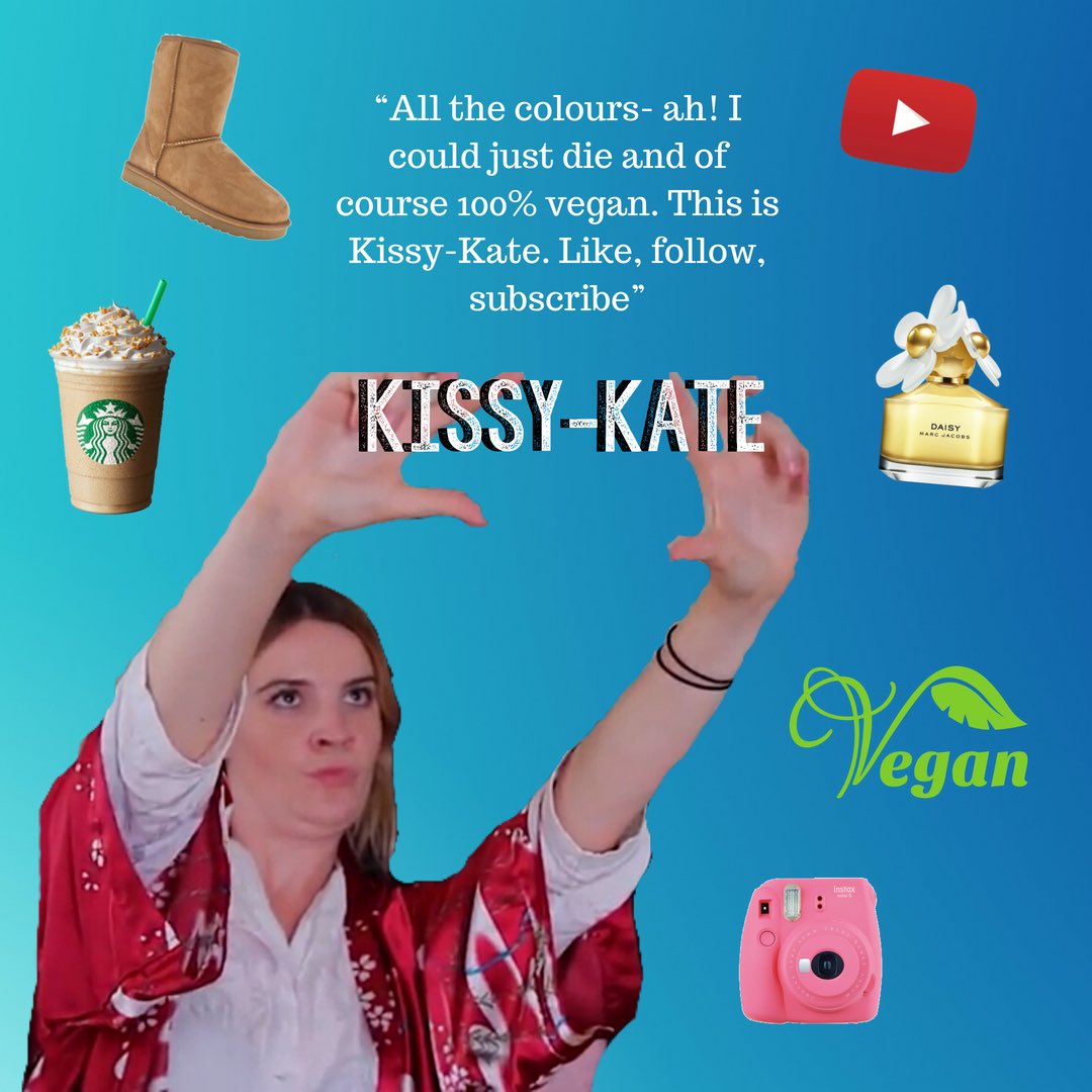 bluetoothkevint's tweet image. We&apos;re going to introduce our colourful characters through memes!  First up, Kissy-Kate [played by Suzanne Stanislawski]! Her personal internet addiction is vlogging- “This is Kissy-Kate. Like, follow, subscribe” #bluetoothkevintheatre #greensidefamily #edinburghfringe