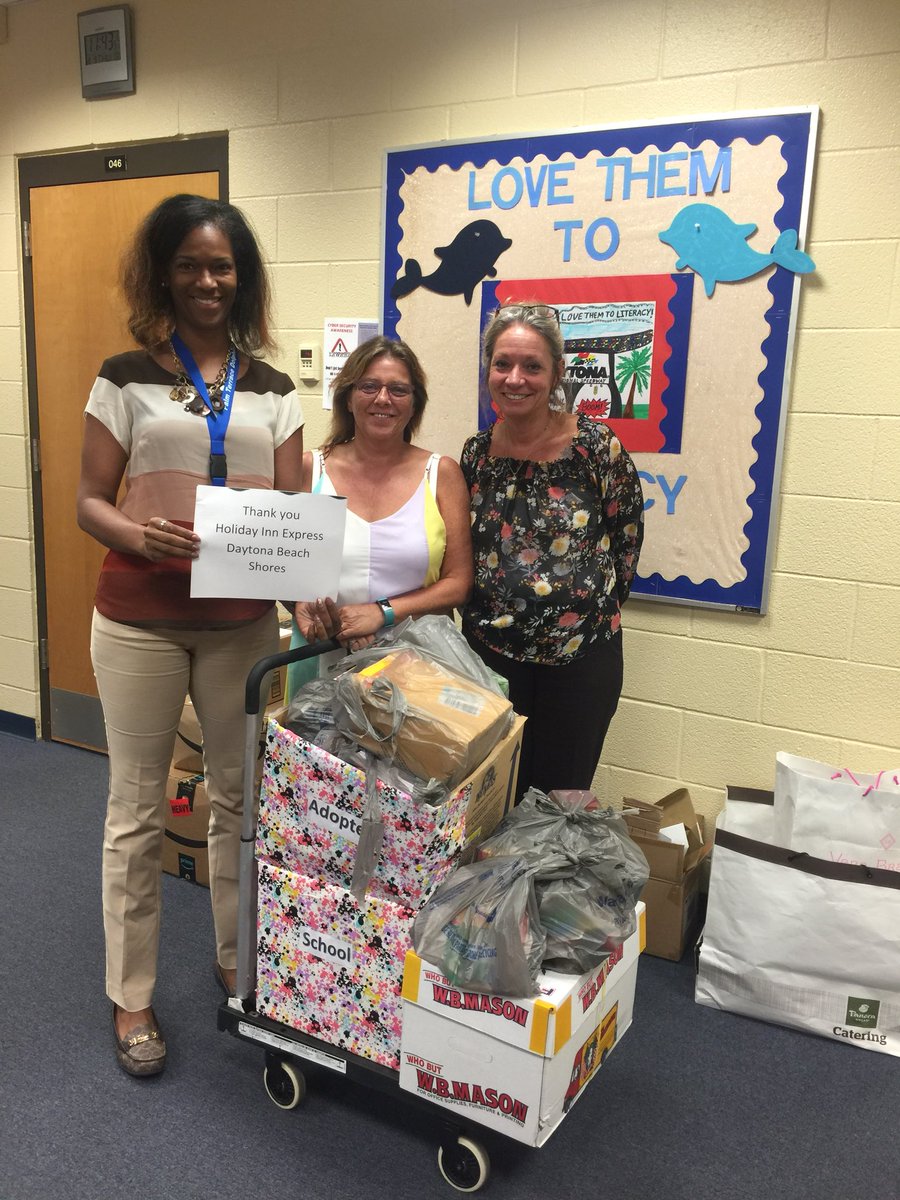 Thank you Holiday Inn Express-Daytona Beach Shores for your student supply donations! #ItTakesAVillage #superpod <a href="/PTEDolphins/">PalmTerraceDolphins</a> @tharris278 @struskap_VCS