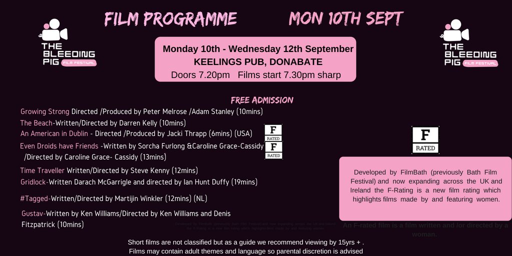 Schedule for Monday 10th Sept is out! 
Synopsis+images to come !
<a href="/Gridlockmovie/">Gridlock</a> , <a href="/GrowStrongDoc/">Growing Strong Documentary</a>, #Tagged, Even Droids Have Friends, Time Traveller, An American in Ireland, <a href="/GustavTheFilm/">Gustav</a> &amp; The Beach
📽️🇮🇪🌏
#studentfilm #doc #drama #internationalfilm #irishfilm #Fingal