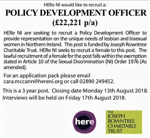 belfastpride's tweet photo. HERe NI are looking for a Policy Development Officer to help represent Lesbian and Bisexual Women. Could you help or do you know who could? #ComeOutforChange #bproud2018 https://t.co/2Rcc5hzvEJ