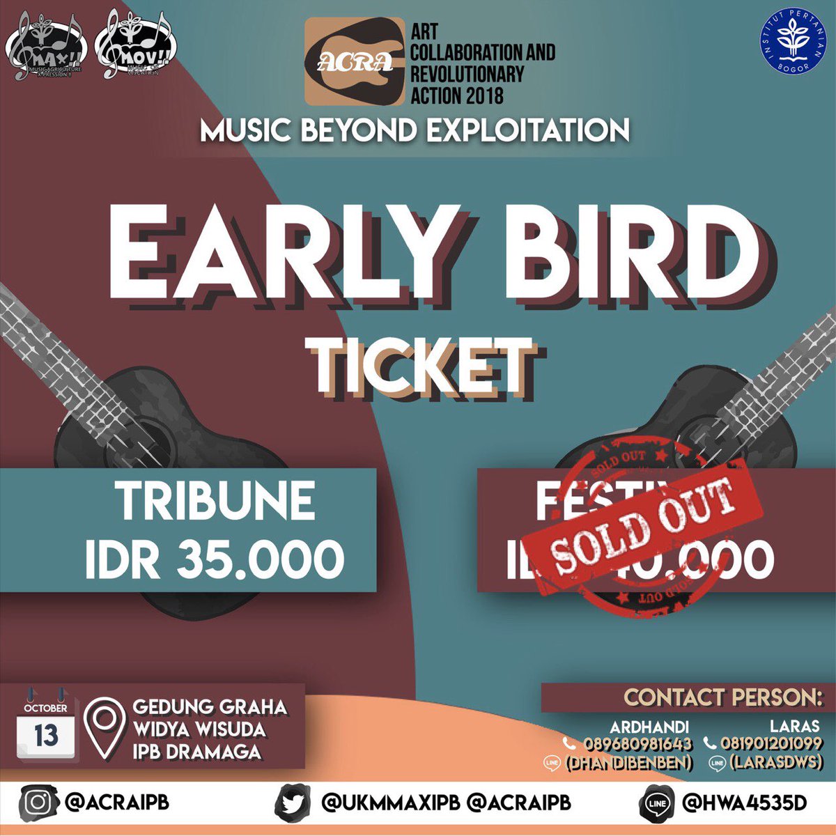 ACRAipb's tweet photo. [EARLY BIRD TICKETS ARE STILL AVAILABLE]

Hi fellas! 
We’re sorry to inform you that our festival tickets are now SOLD OUT.
But don’t worry because you can still purchase our tribune tickets!

#ACRAIPB
#ACRA2018
#EVENTIPB
#UKMMAXIPB
#MusicofVocation
#MusicBeyondExploitation https://t.co/35O6S3lpfm