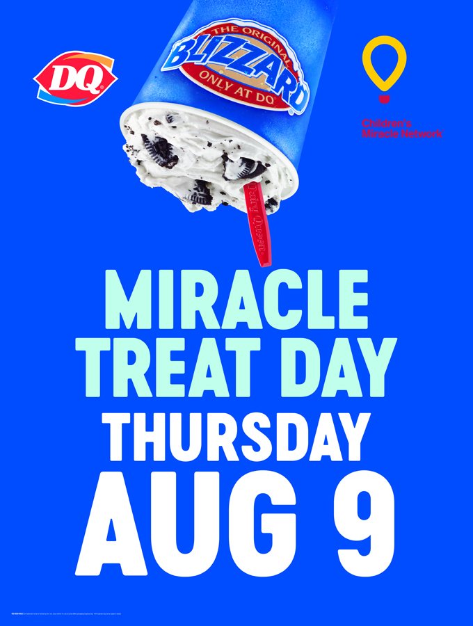 CHEO's tweet photo. It’s #MiracleTreatDay! When you go to your local @DQCanada and buy a #Blizzard treat, net proceeds will go towards supporting @CMNCanada+#CHEO! We think that’s a pretty sweet deal. What flavour are you treating yourself to today? https://t.co/WcheB7xpce