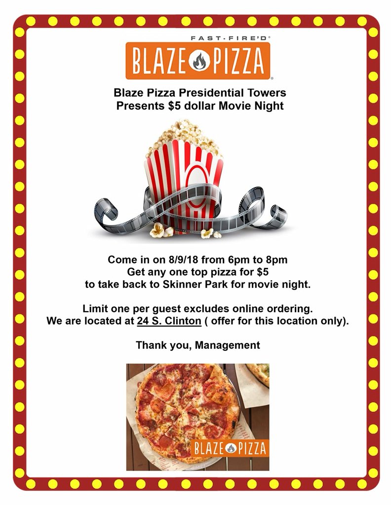 Grab this deal at the @BlazePizza, located at @PTupdates, before #moviesinthepark #SkinnerPark - #BlackPanther TONIGHT!

6pm-8pm -> 🔥🍕
8:15pm -> 🎬🌳

#chicago #westloop