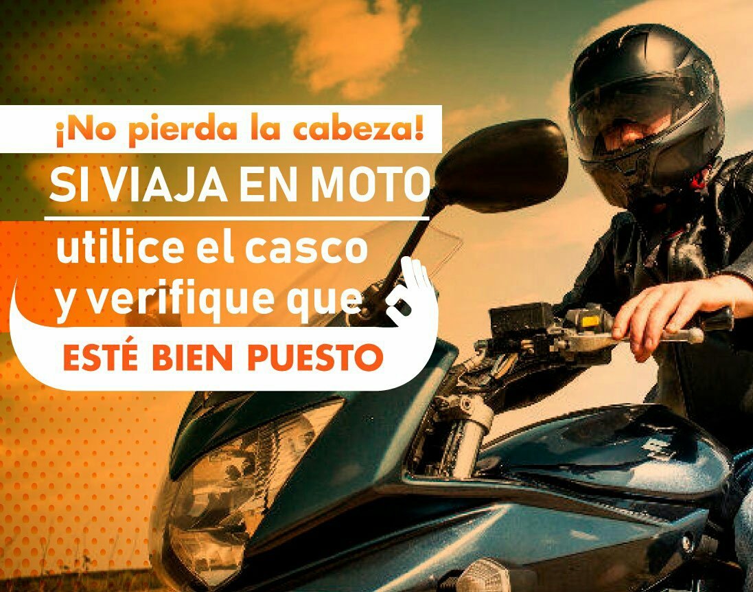MinTransporteCo's tweet photo. ¿Viajas en moto? 🏍️Es muy importante usar siempre el casco y revisar que esté bien puesto, ya que los golpes en la cabeza son la primera causa de muerte en los accidentes con motos.  
Disfruta de un #ViajeSeguro https://t.co/iVpyQdbkfP
