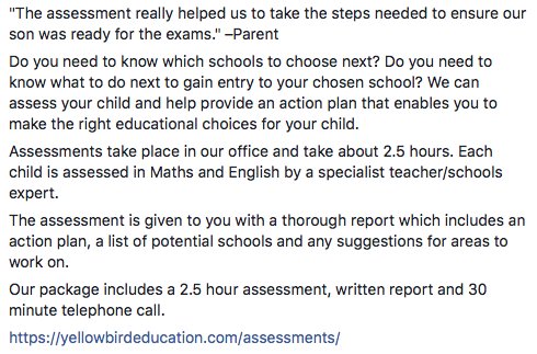 "The assessment really helped us to take the steps needed to ensure our son was ready for the exams." Our package includes a 2.5 hour assessment, written report and 30 minute telephone call. #11plus #7plus #8plus #Londonprepschools #fulham #chelsea #London
yellowbirdeducation.com/assessments/