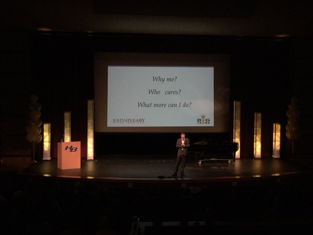 MsBortolani's tweet photo. John O’Leary sharing the 3 questions that will help to ignite a radically inspired life. @ConfThink #tbtevent @HilliardSchools https://t.co/Z1eezBkeOd