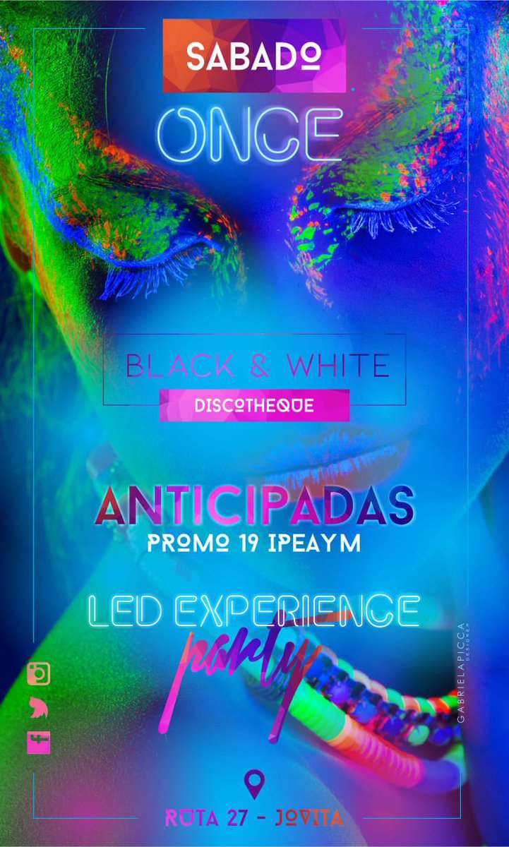 >SÁBADO. 11  -BLACK &amp; WHITE  /// 
____LED EXPERIENCE Party ____
//Junto a LA PROMO 19 IPEA Y M/// #JovitaVuelveASerLaPosta 
PH Sessions// New Sector Exclusivo // Previa Happy Hours - Transporte de toda la zona/// new staff b&amp;w #NochesDiferente

(VENTA DE ANTICIPADAS PROMO 19)