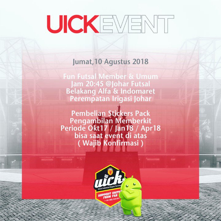 UICK Fun Futsal
» Jumat 10 Agustus 2018 - Jam 20:45
» Johar Futsal Lapang Vynil goo.gl/maps/b32Hs5fXu…
» HTM: Pelajar 10rb • Umum 15rb