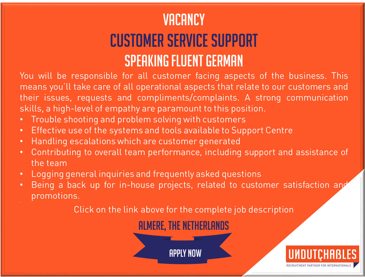 #CustomerService #CustomerServiceSupport #CustomerServiceJob #CustomerServiceVacancy #German #Germanjob #Germany #Germanspeaker #Almere #jobsinAlmere #jobsinAmsterdam #Undutchables #apply ow.ly/kvh430leBBG