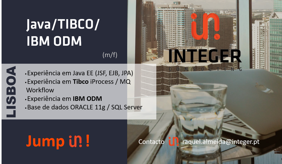integer_consult's tweet photo. Hiring! Java / Tibco / IBM Odm, Lisboa, JUMP IN! raquel.almeida@integer.pt #integerconsulting #ITjobs #Lisboa #Hiring #Java #TIBCO #IBM #IBModm #JavaEE #EJB #JPA #iprocess #MQWorkflow #Oracle #SQLServer https://t.co/qeEgC9W4oI