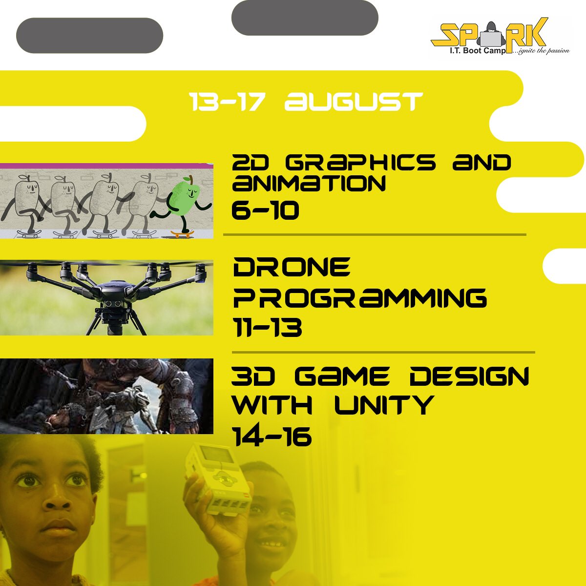 sparkitbootcamp's tweet photo. Getting into gear with 2D Graphics Design, Drone Programming and 3D game design for our kids for Week 5. You don’t want to miss it, trust us😉 #SparkITBootcamp #CodingBootcamp #Summer2018 https://t.co/SkXuW1HNSD