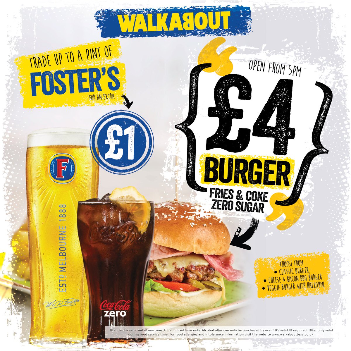 WalkieSolihull's tweet photo. How does a burger and a glass of Coke Zero for £4.00 sound? Or upgrading to a pint of Fosters for £1.00 extra? 

Come to @WalkieSolihull for this great deal, it is available today 5pm - 10pm! 😀

🍔🍟🍺

#WalkaboutSolihull #Solihull #BurgerDeal #Fosters #CokeZero https://t.co/XNdAYTq83F