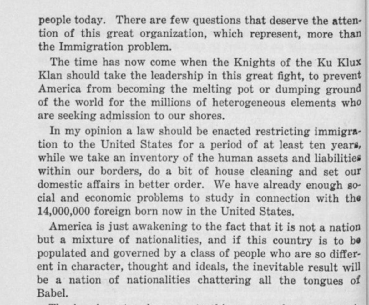 In 1923, a meeting of Grand Dragons of the Klan focused a great deal on the supposed demographic threat that new immigration posed to old-stock Americans and the need to crack down on it. Here's one passage. More here:  https://digital.lib.ecu.edu/text/11176# 