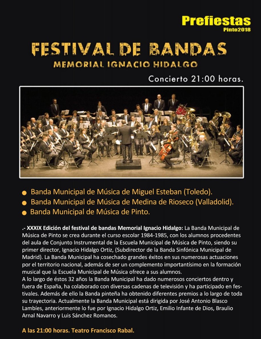 Está tarde a las 21:00 horas estaremos en el <a href="/ElRabaldePinto/">El Rabal de Pinto</a> participando en el Festival de Bandas de las #FiestasPinto2018 junto a las Bandas Municipales de <a href="/AytoMigEsteban/">Ayto. Miguel Esteban</a> y la anfitriona Banda Municipal del <a href="/AytoPinto/">Ayuntamiento de Pinto</a> 

#BMMRioseco