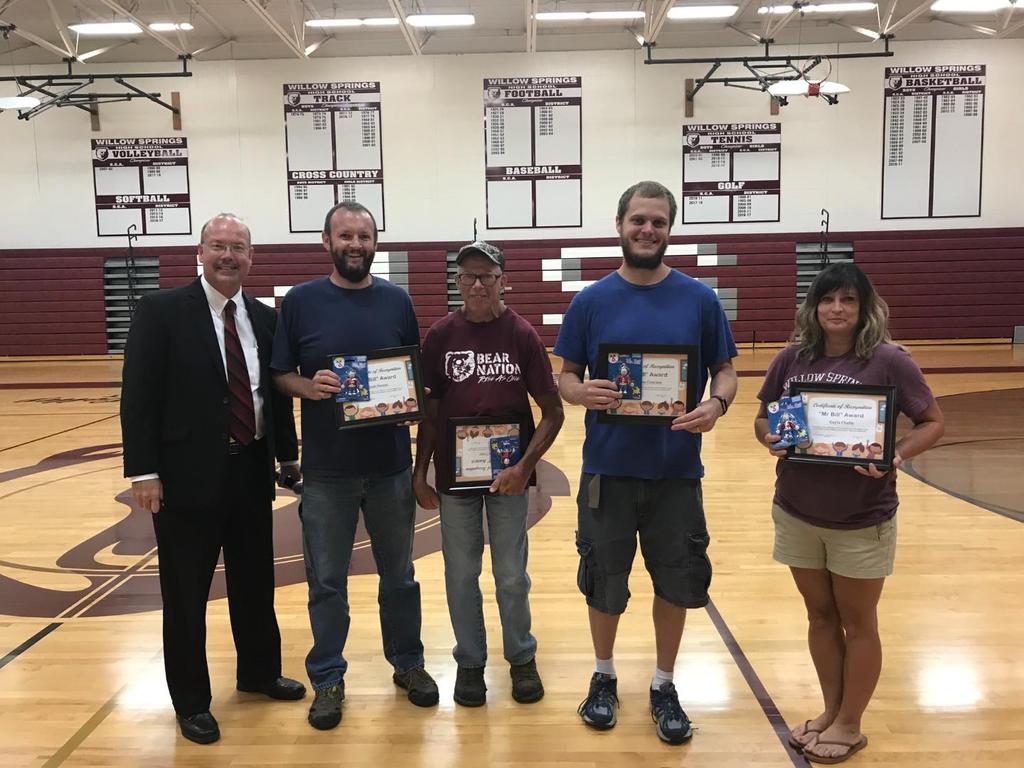 Great all staff meeting this morning. Winners of the first annual Willow Springs "Mr. Bill" Award.  Josh Owens, Kevin Freter, Andrew Coursen, and Gayla Chafin.  Outstanding people! Thank you for your service.  Only five days to the first day of school!