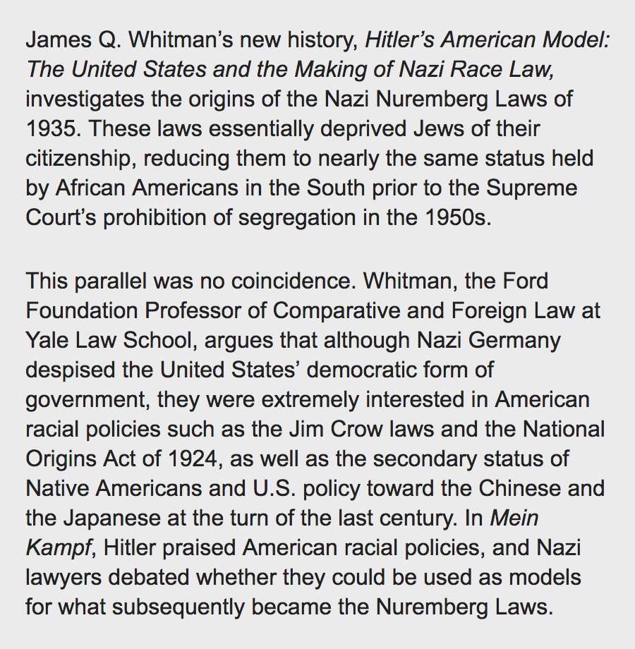 As Whitman noted, these immigration restrictions, along with southern segregation laws, ultimately served as the inspiration for the 1935 Nuremburg Laws that in turn served as legal justification for the Holocaust.  https://www.jewishbookcouncil.org/book/hitlers-american-model-the-united-states-and-the-making-of-nazi-race-law