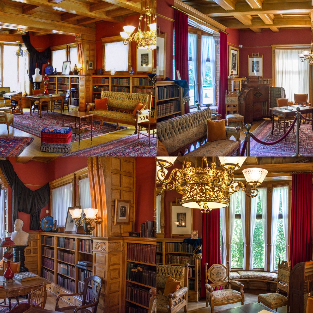 GarfieldNPS's tweet photo. Happy #NationalBookLoversDay! This is a collage of images of the Memorial Library in the Garfield home. Mrs. Lucretia Garfield built this library in 1885-86, a few years after her husband's death, to house his collection of 2,000 books. It's everyone's favorite room in the house! https://t.co/jxCrTm4I1Q