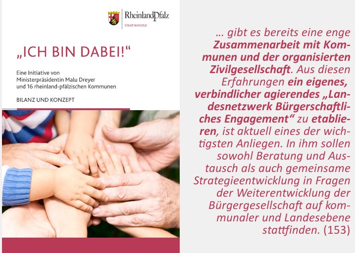 aktiv_in_Berlin's tweet photo. Engagementpolitische Initiative ICH BIN DABEI!: #Landesnetzwerk Bürgerschaftliches #Engagement #RheinlandPfalz vor Gründung |  #Enagementpolitik #Koproduktion +INFO Bürgerschaftliches Engagement in #RLP> https://t.co/IBq9bbYuJu &amp; Konzept pdf 3.5MB> https://t.co/9bGL0MoHp4 /jor https://t.co/rYUtFNy6kZ