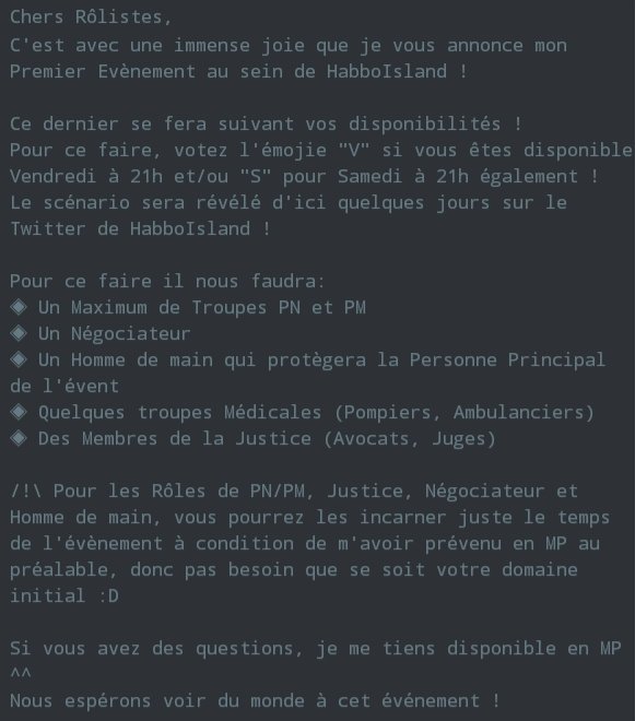 HabboIslandOff's tweet photo. Communiqué de @Habbo_Tellier8, Administrateur Événementiel de HabboIsland sur @HabboFR :

Pour information : l'événement aura lieu ce vendredi 10 août 2018 à 21h00 https://t.co/NV0JajrZph