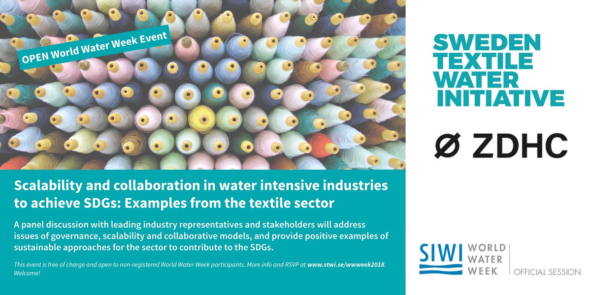 Water and textiles! 💧👕 A warm welcome to STWI Members, ZDHC Contributors, friends and all interested stakeholders to participate in this year’s open showcase at #WorldWaterWeek co-hosted by <a href="/STWI_Water/">STWI</a> and ZDHC Foundation #roadmaptozero #zdhc stwi.se/wwweek2018