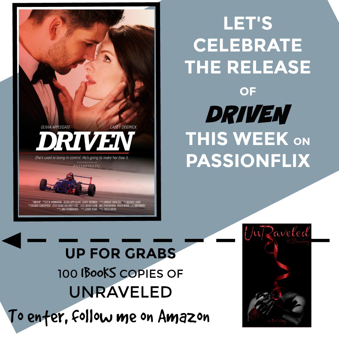 Let's ＣＥＬＥＢＲＡＴＥ the release of 𝔻ℝ𝕀𝕍𝔼ℕ on PassionFlix this Friday.

100 E-copies of ＵＮＲＡＶＥＬＥＤ* (iBooks Version) are up for grabs today!

Follow me on Amazon here ( smarturl.it/KBrombergAmz )
&amp; type PLOT TWIST  in the comments to enter.

*Darker plot warning