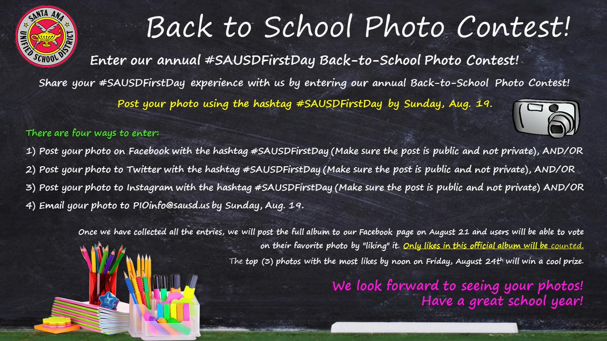 SantaAnaUSD's tweet photo. Get Ready for First Day of School Photo Contest #SAUSDFirstDay https://t.co/XpFjAJazM1