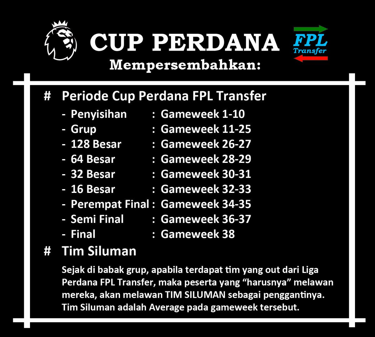 PejuangFantasy's tweet photo. Sebagai reward untuk peserta yang sudah join di liga kami, maka kami persembahkan Cup Perdana FPL Transfer. Cup ini tidak dibuatkan liga di #FPL tapi akan dirancang sedemikian rupa "manual" oleh admin. Berikut penjelasan Cup Perdana FPL Transfer 🙇
#FPLTransfer https://t.co/LfmKbz0o6z
