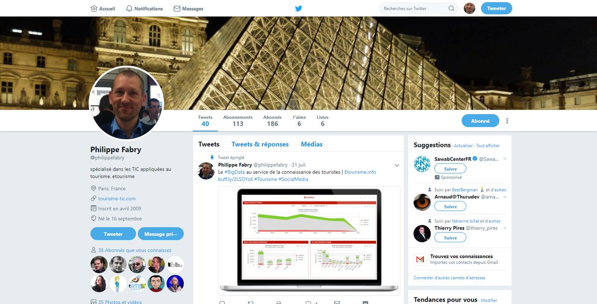 J'utilise de plus en plus ce compte pour des activités personnelles, pour suivre ma veille dans le #tourisme, le #numerique ou bien #socialmedia merci de s'abonner ici : <a href="/philippefabry/">Philippe Fabry</a> Au plaisir d'échanger :)