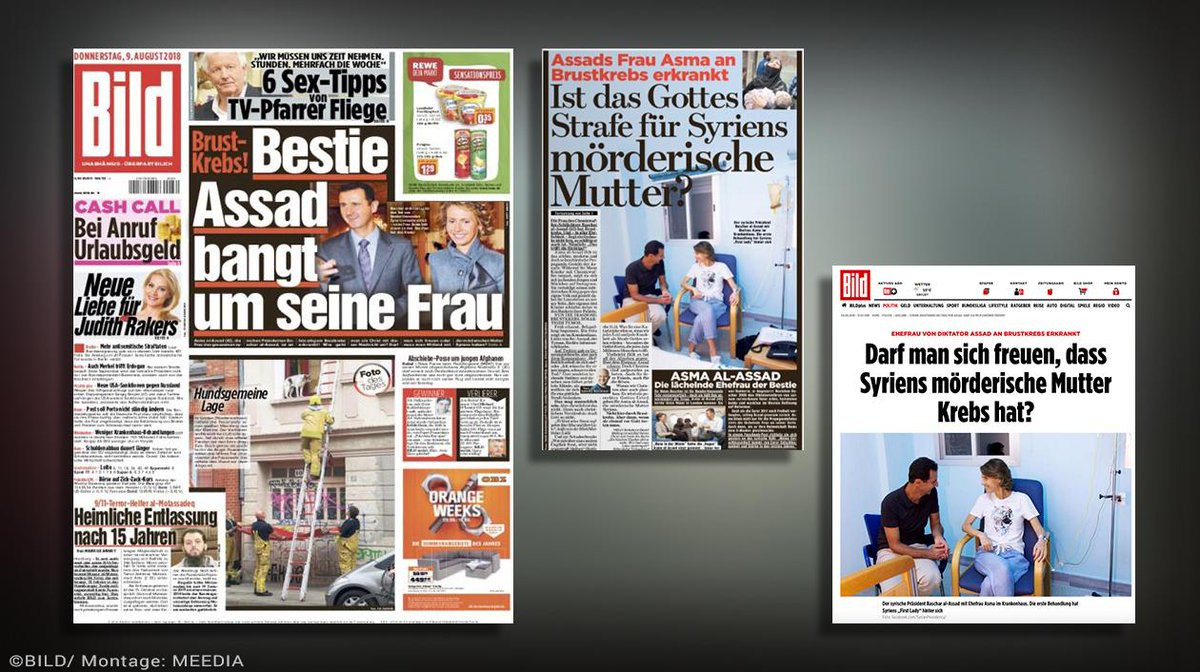 “Darf man sich freuen, dass Assads Frau Krebs hat?” Bild stößt mit pietätlosem Gedankenspiel auf Irritation und Kritik. Auch der Presserat hat Beschwerden erhalten: meedia.de/2018/08/09/dar…