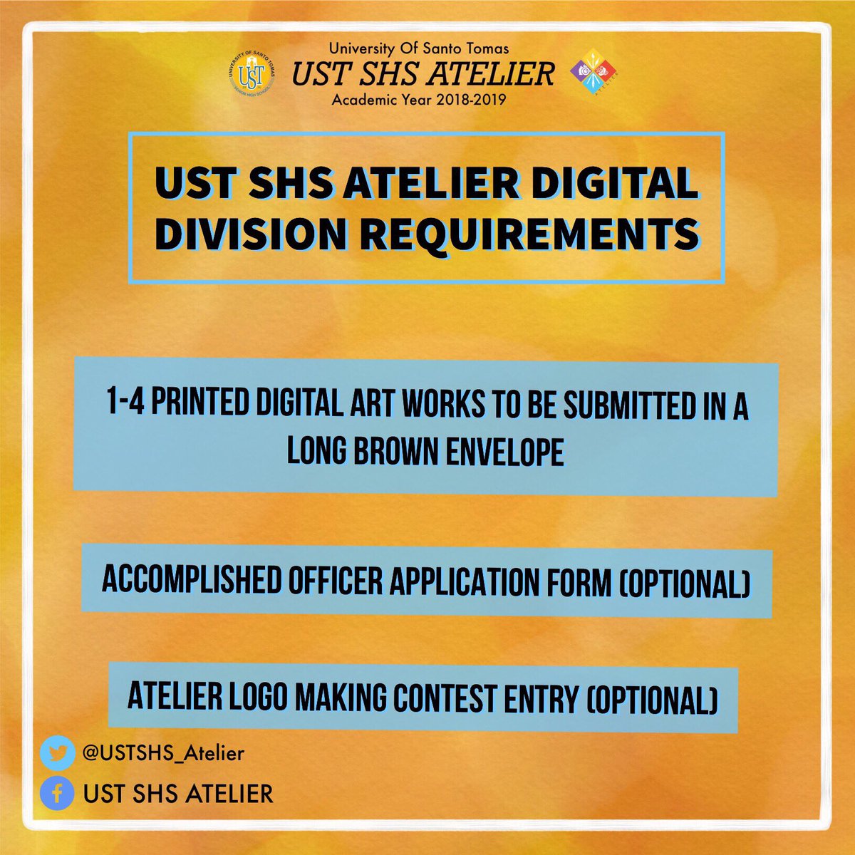 USTSHSAtelier's tweet photo. Heads up, Thomasians! The time has come! Are you ready to be part of the Atelier family?

For aspiring members, please fill up the form of the division you wish to become a part of.

For Traditional Division: https://t.co/uxatcf5Kdi

For Digital Division: https://t.co/X08iAlVqcq https://t.co/KQGNbOBWs7