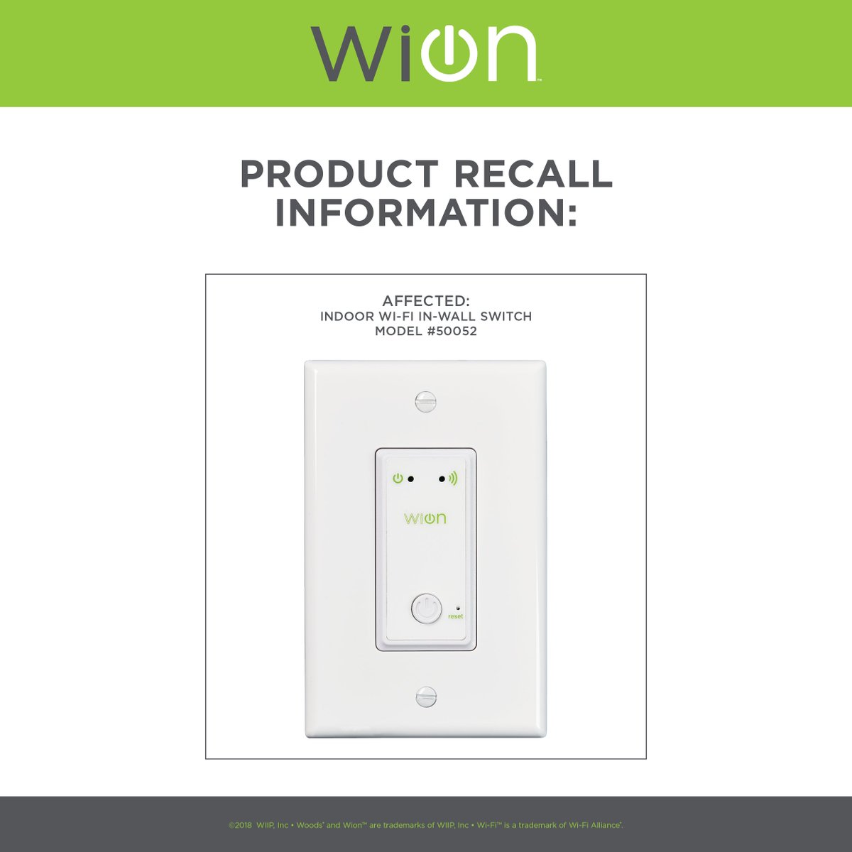 WiOnProducts's tweet photo. Southwire voluntarily recalls WiOn Indoor In-Wall Wi-Fi Switch.  Please visit https://t.co/b6bDi9R0SP and click on Product Recall for more information. https://t.co/x7kWVCRpBe