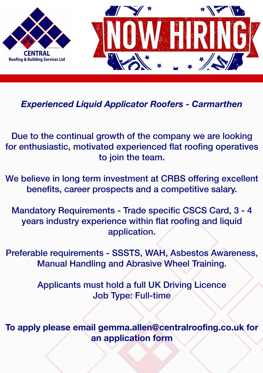 Due to continual growth Central Roofing are recruiting! if you're interested please read the poster below &amp; get in touch!