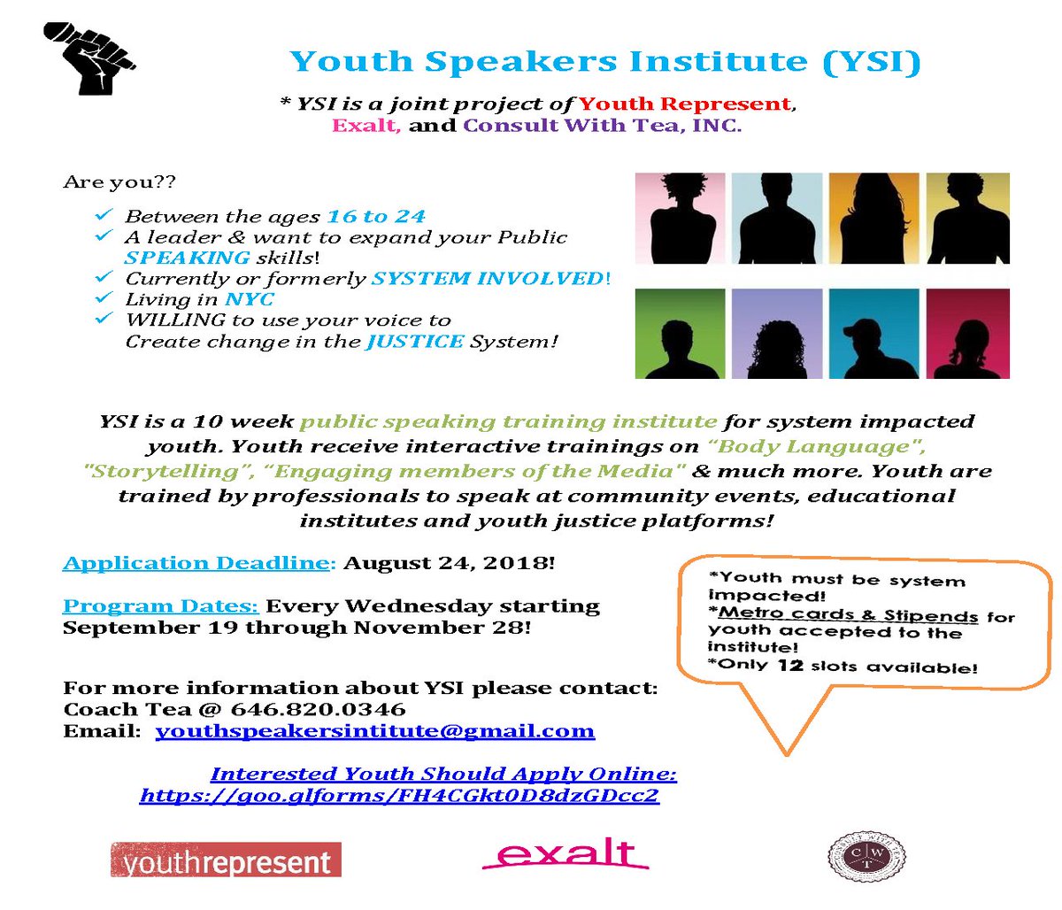 YouthRepresent's tweet photo. Youth Speakers Institute is a 10 week Public Speaking program uniquely designed for system involved youth interested in learning new skills and using their experiences to transform the justice system .

*Youth Must Apply online here: https://t.co/s77TrOgEso https://t.co/Lh0kqpyYNk