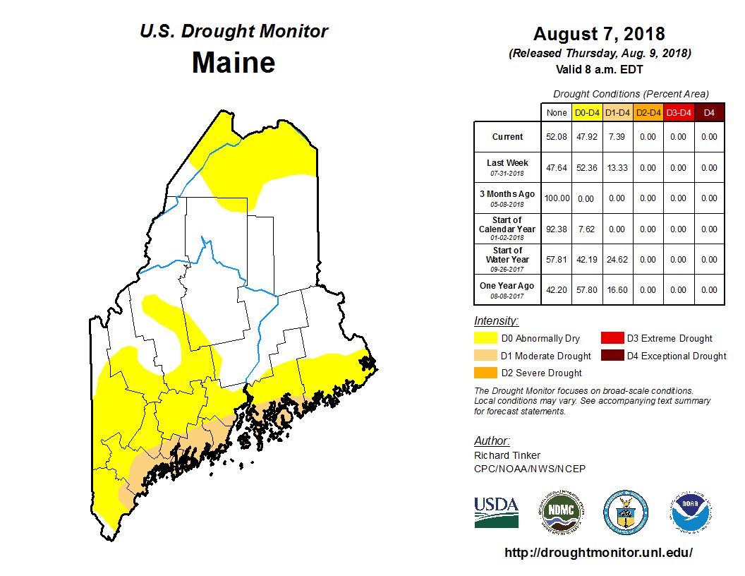 NOAANCEI's tweet photo. August 7: Moderate to heavy rain improved dryness and moderate drought across New Hampshire and the southern half of Maine #NHdrought #MEdrought https://t.co/hs7rCpQMsY #DroughtMonitor #NHwx #MEwx https://t.co/uAxL4N5AN0
