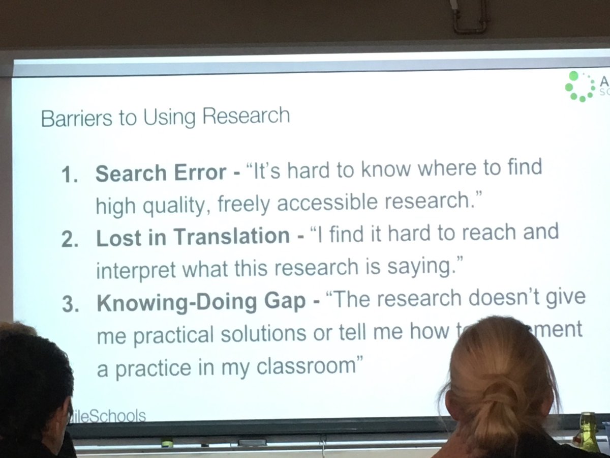 thereisnoQ's tweet image. Barriers to using Research to enhance practice. #ELA2018 #ATAAgile