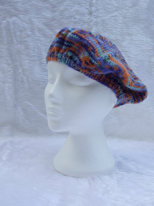 Hand knitted ladies beret style hat in orange and blue #Folksy dld.bz/g2N7k #newonfolksy #atsocialmedia #tweetuk #uksmallbiz #handmade #eshopsUK #tweeturbiz #handknits #ladieshat #ladiesberet #hat #knitwear