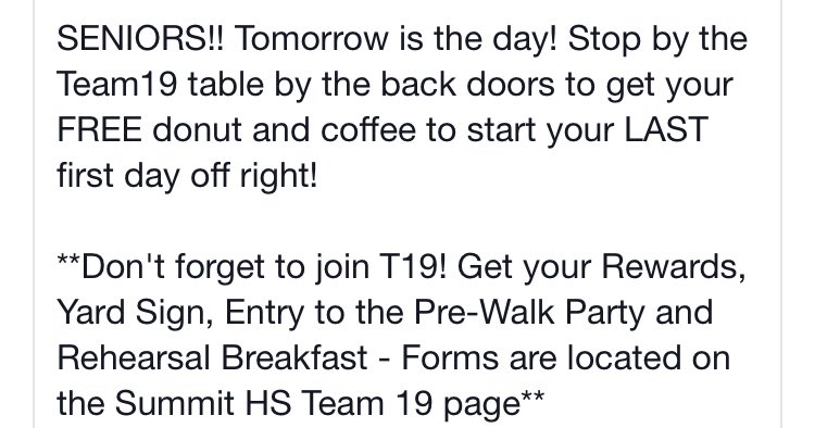SummitPTSO's tweet photo. 💙SENIORS!! 🍩&amp;☕️ tomorrow!🧡 @summit2019 https://t.co/3VkfnNyfVH