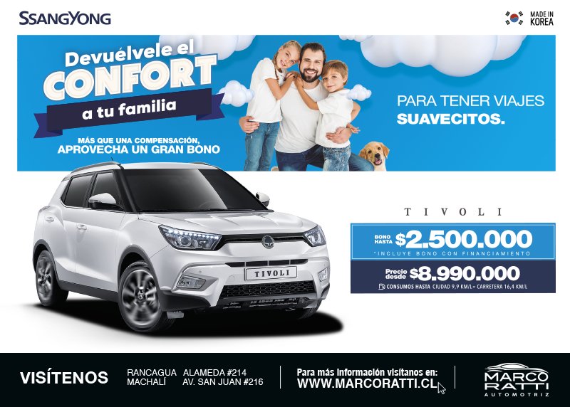 marcorattichile's tweet photo. El auto para una familia de elite los espera. En agosto, más que una “compensación”, aprovecha nuestros grandes bonos y devuélvele el Confort a tu familia con un SUV o camioneta SsangYong. 🤗 Cotiza ahora en https://t.co/2PE1wmy5ZV
#SsangYong #MarcoRatti #Rancagua #Machali https://t.co/mVmEwIFo97