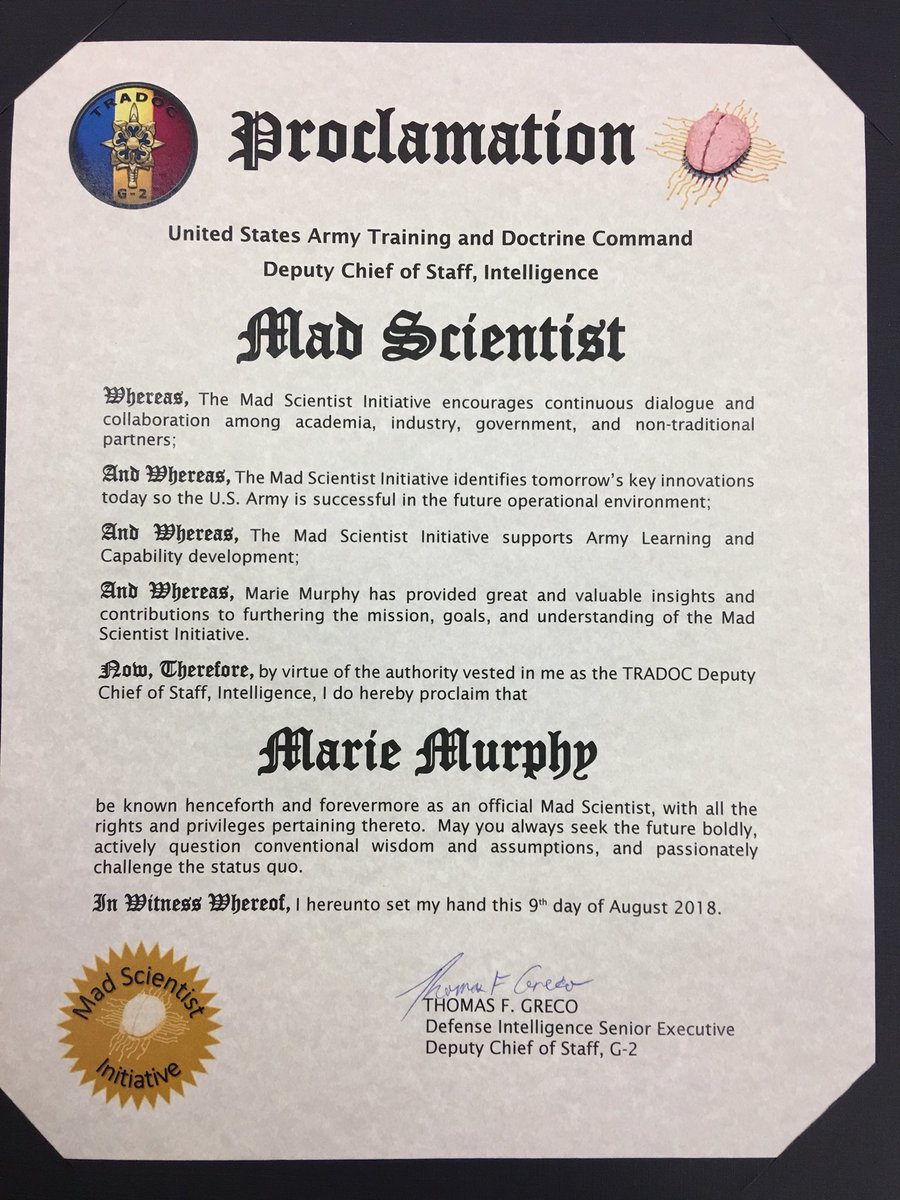 mariemurphy97's tweet photo. After my presentation on Virtual Nations at the @ArmyMadSci #Learningin2050 conference, I was honored to be proclaimed as an official Mad Scientist! #bestinternshipever https://t.co/KXKcGmsSGa