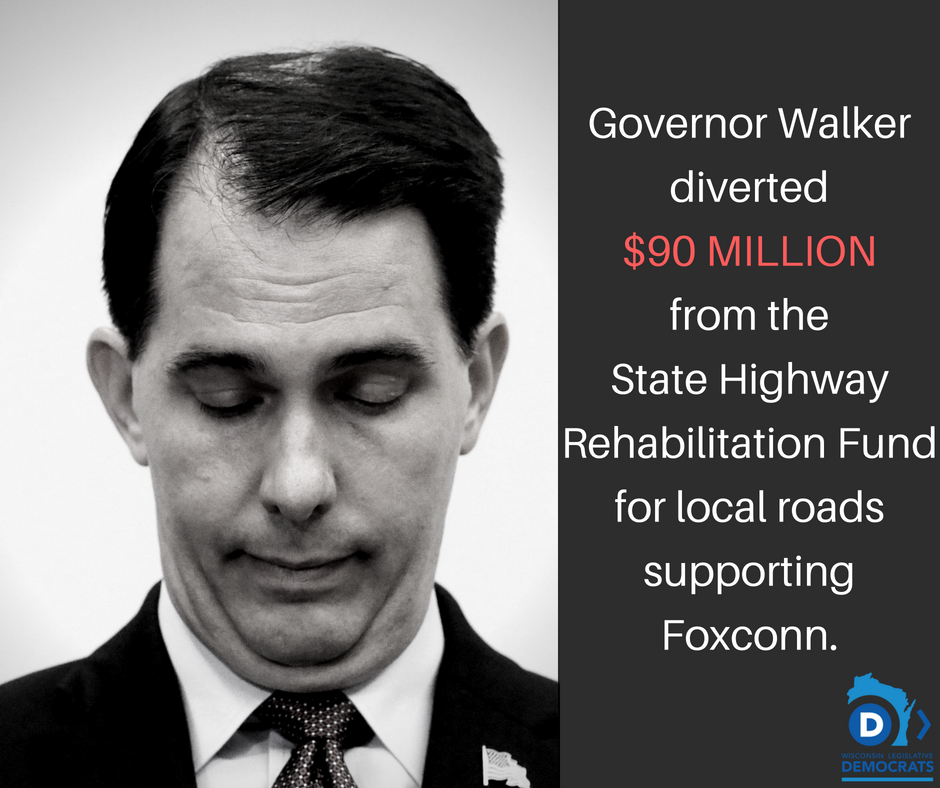 repjocasta's tweet photo. Even with our roads in critical condition, Governor Walker has raided $90 million from the State Highway Rehabilitation Fund to pay for local roads supporting Foxconn. #JustFixIt #foxconn https://t.co/6evC6wACJs