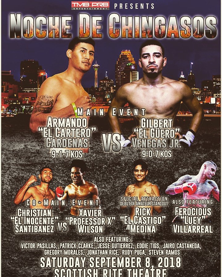 Gvenegas05's tweet photo. "Noche De Chingasos" 
Sept 8th @ the Scottish Rite Theatre! Dont miss out! Gonna be a great night of boxing! Contact me For tickets 210-552-2788! We ready to showout baby! 👊💪🙏🙌 @BoxersnBrawlers
#TeamVenegas #ElGuero #AndstillUndefeated  #GodsPlan #BnB #BoxingGym https://t.co/NPYn4VcPFS