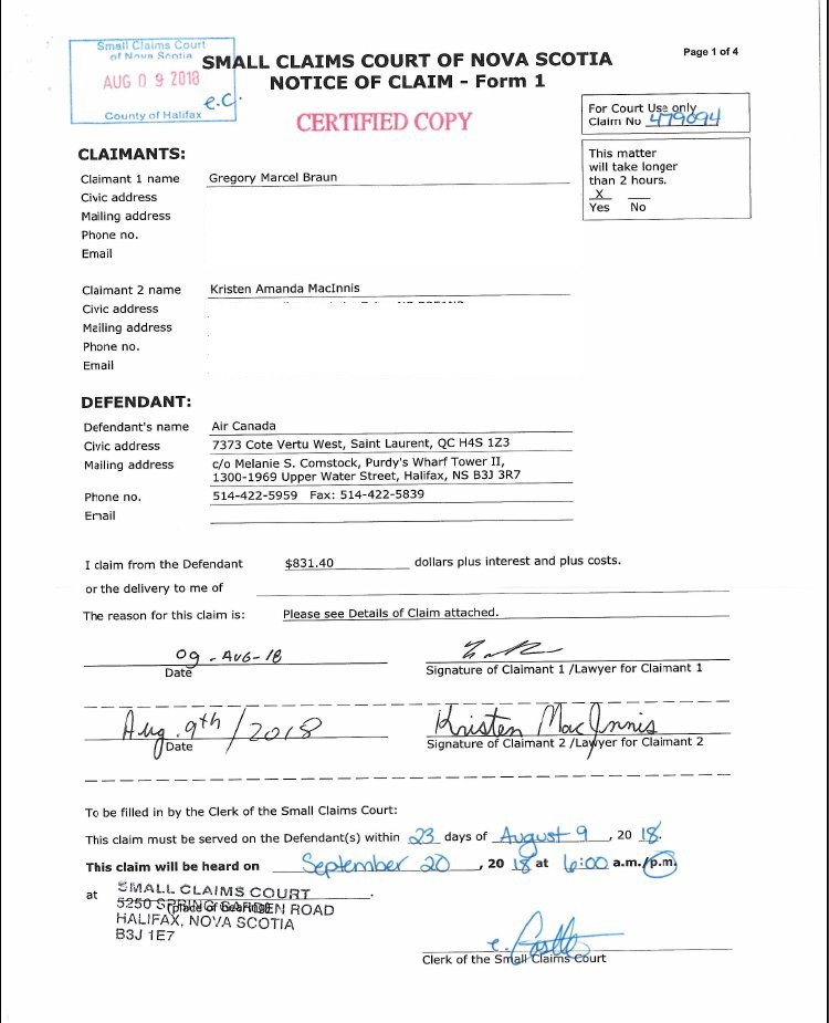 GregBraun6's tweet image. Is @AirCanada attempting to evade service? 

I wanted to serve this Small Claim on @AirCanada in Halifax, but could not. Law firm of recognized agent says their lawyer is away, and refused to let me speak to another lawyer who might accept service. #travel #PassengerRights