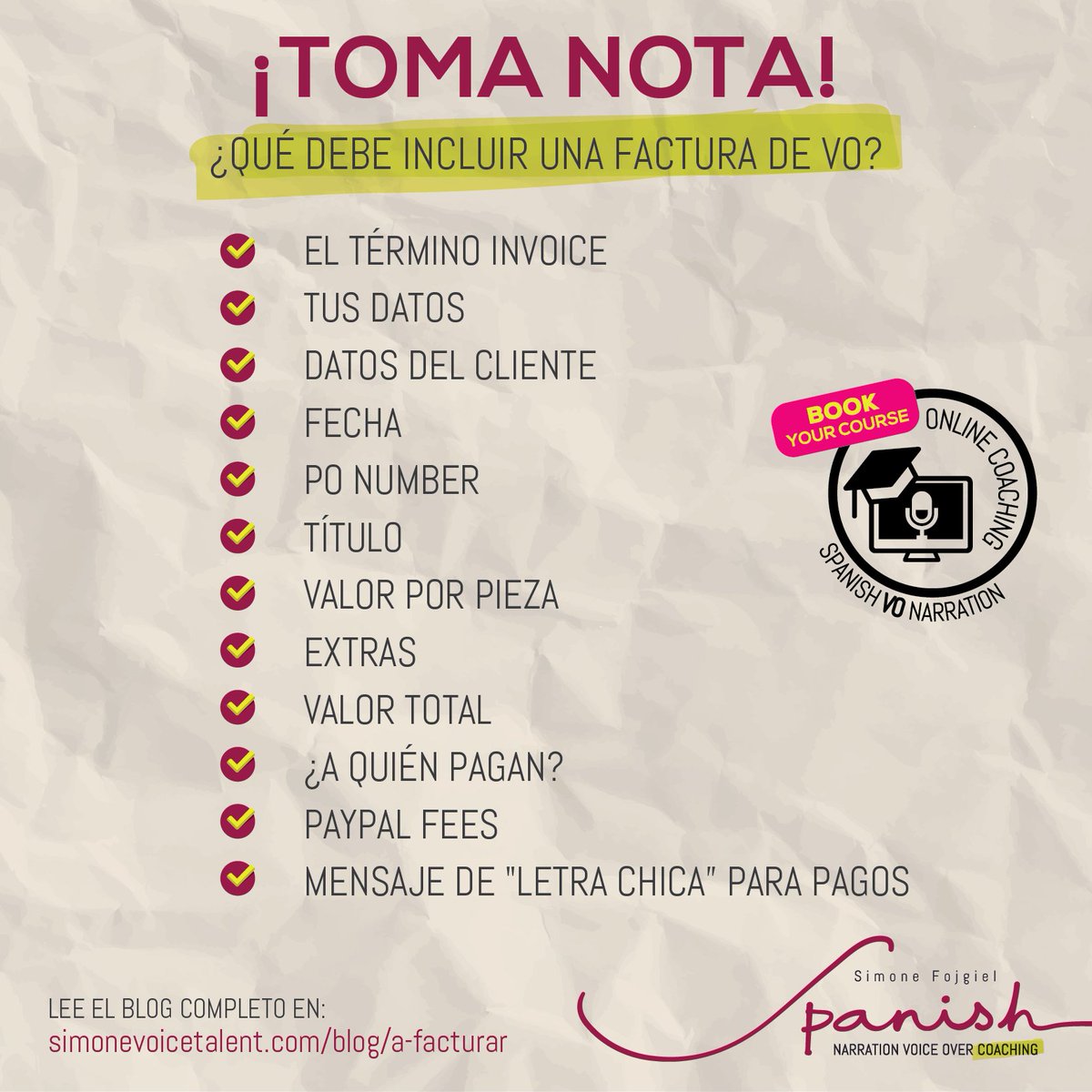 SimoneVOCoach's tweet photo. Eres nuevo/a en el mundo de la Locución Profesional? Presta atención a éste check list para cobrar sin sobresaltos. #SimoneVOInfografia #narracion #cursodelocucion #vocoach #spanishvo #voiceover #volife #locucionprofesional#locucion https://t.co/hnlvqRdAs5