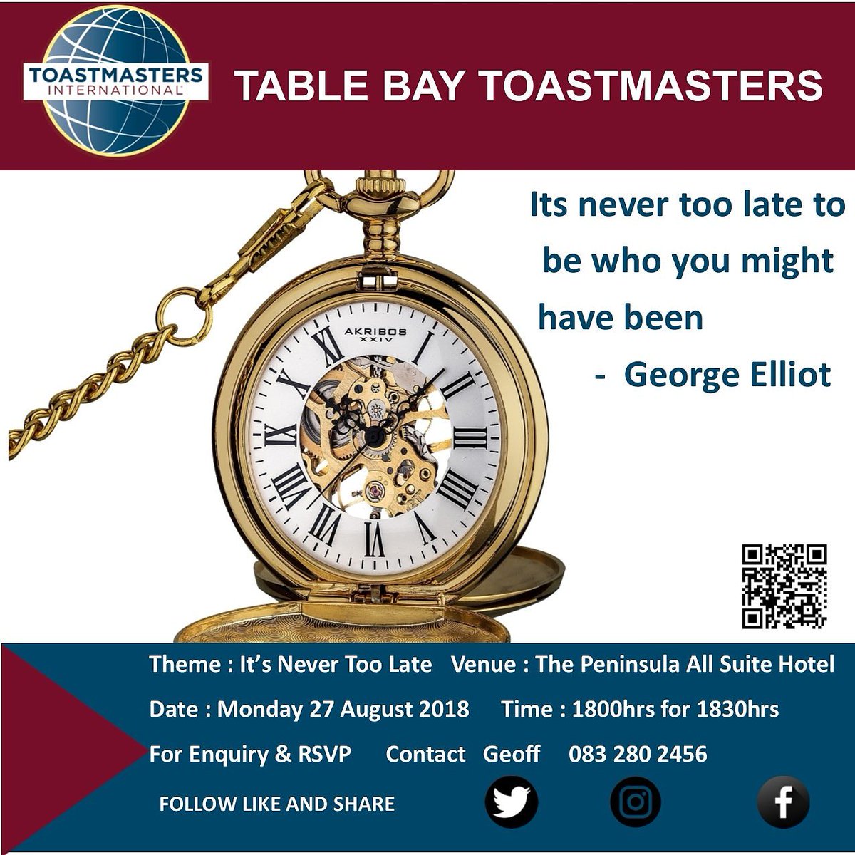 tablebayTM's tweet image. It's never to late to be who you might have been. Tablebay Toastmasters welcomes you to its 825th meeting, unleash your potential in strategic leadership, management, interpersonal communication and boost your confidence
#toastmasters_club #toastmasters #toastmastersinternational