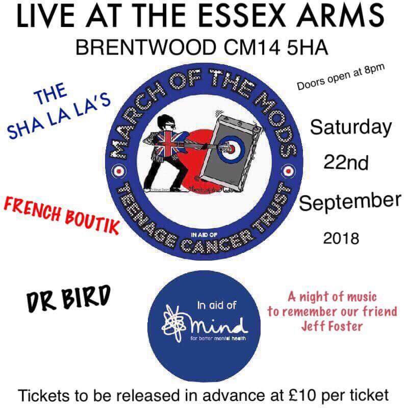 BREAKING NEWS: We will be playing at The Essex Arms in Brentwood as part of an extra <a href="/MarchOfTheMods/">March Of The Mods</a> event on 22nd September. Do please come along.

<a href="/bobby_tarlton/">Bobby Tarlton</a> <a href="/FrenchBoutik/">French Boutik</a>
