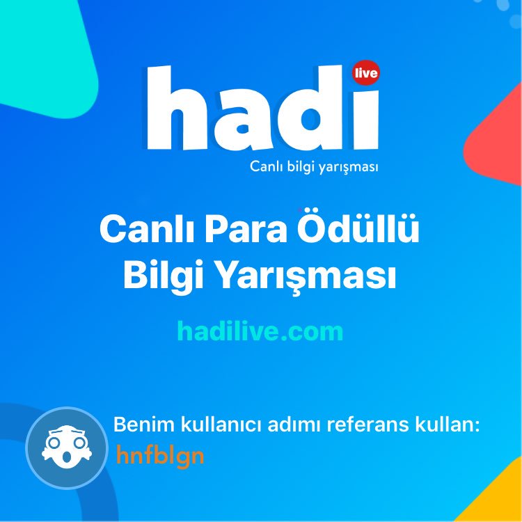 HnfAkkaya's tweet photo. Hadi - Bilgi Yarışması çok eğlenceli, sen de oynamalısın. Kayıt olurken referansına benim kullanıcımı "hnfblgn" yaz lütfen. https://t.co/8V81LPVwZj @hadioyna https://t.co/BE616bCOGU