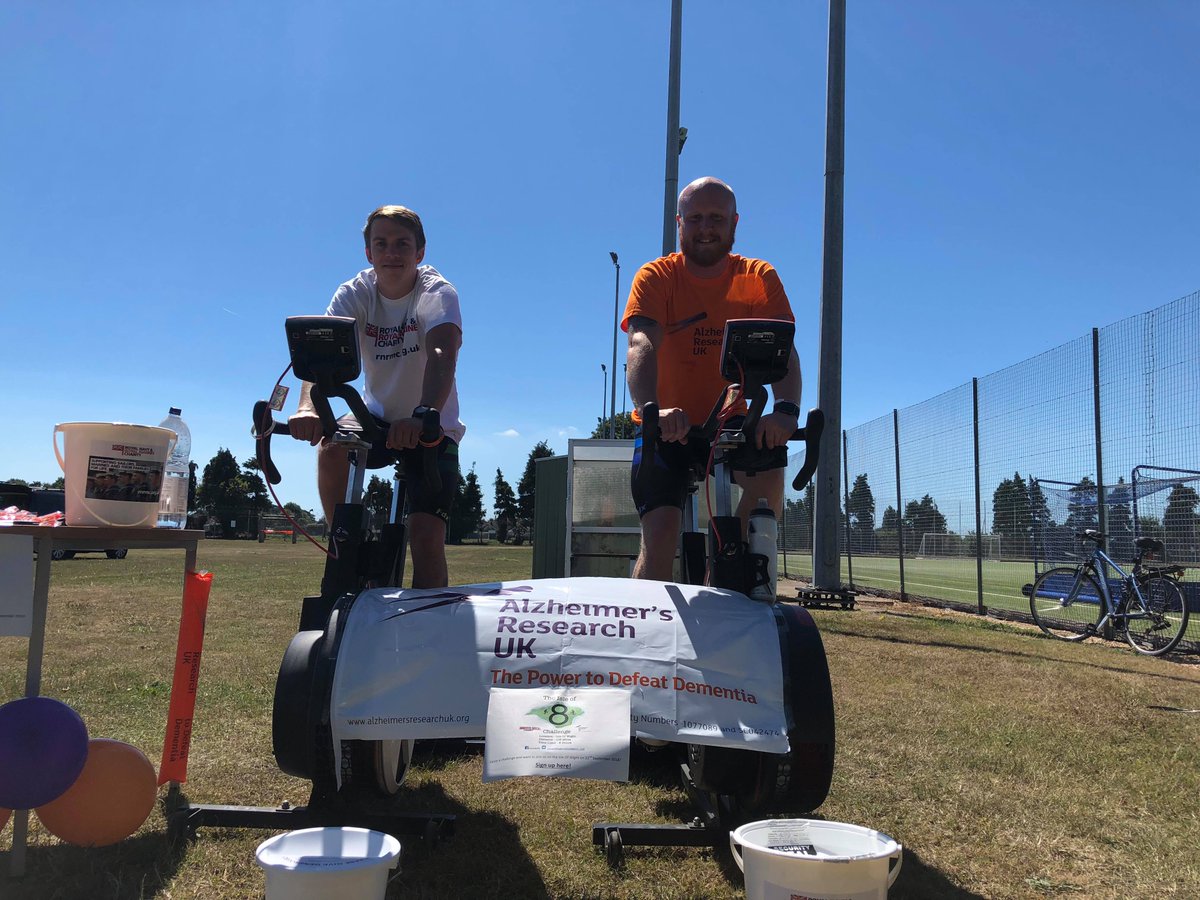 AlzResearchUK's tweet photo. "We sat on spinning bikes for 4 hours and cycled the equivalent of 118 kilometres (had to move inside 2 hours in to hide from the sun) we worked it out at just over 3000 calories burned..."

Thanks to Adam and your  @RoyalNavy pals! 

Support their cycle: https://t.co/ZC6UawLiKx https://t.co/mxr8hCgjKA