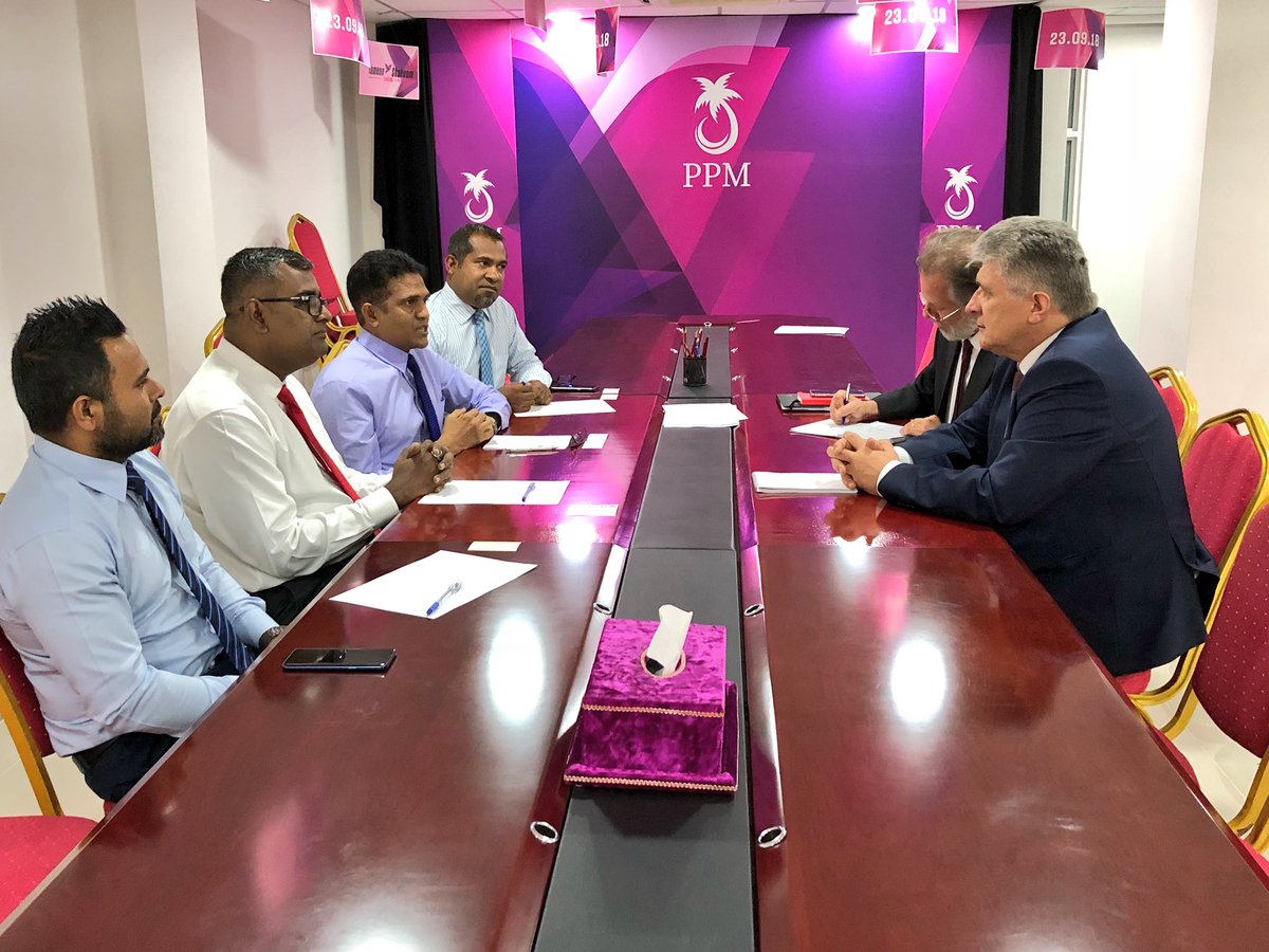 ahmed_nihan's tweet photo. Had a wonderful meeting with United Nations Assistant Secretary-General for Political Affairs, Mr. Miroslav Jenča, at PPM Office in Male’ along DRP Leader Mohd Nasheed and PPM SG @abkhaleel MP @Shiyamaldives #YaameenShaheem2018 https://t.co/63hqi2lgFY
