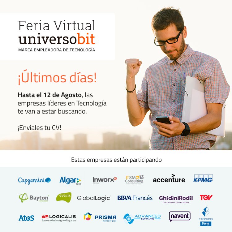 universobitcom's tweet photo. ¡Quedan pocos días! La #FERIAVIRTUAL UniversoBit está llegando a su fin 👨‍💻Si todavía no ingresaste, ¿Qué estás esperando? 🤔
¡No te quedes afuera! Tenés tiempo hasta el 12 de Agosto. 
¡Entrá al link y postulate!👉https://t.co/YJw5lOqGsI https://t.co/7epz5m8NTV