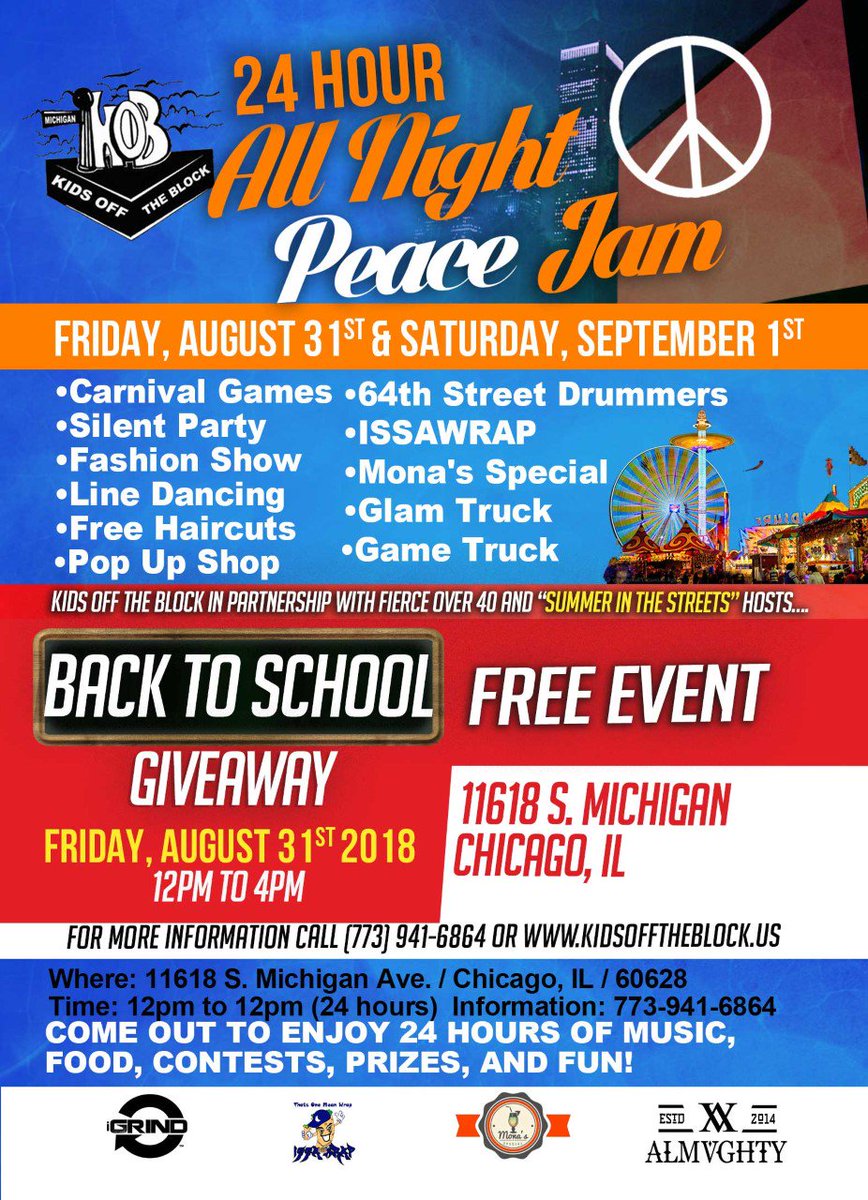 Friday, August 31st &amp; Saturday, September 1st:

24 Hour Peace Jam 2018!

#SummerInTheStreets #24HourPeaceJam

#FierceOverAndUnder40 #KidsOffTheBlock